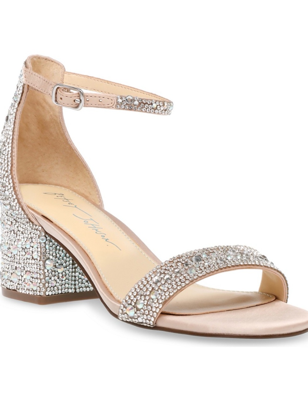 Betsy Johnson Mari Crystal Embellished Ankle-Strap Block Heel Sandals Champagne